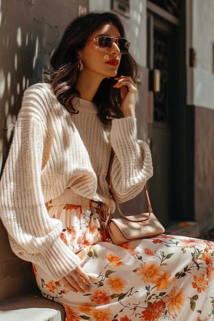 Woman over 40 wearing a floral midi skirt and knit sweater, relaxed and feminine smart casual interview outfit