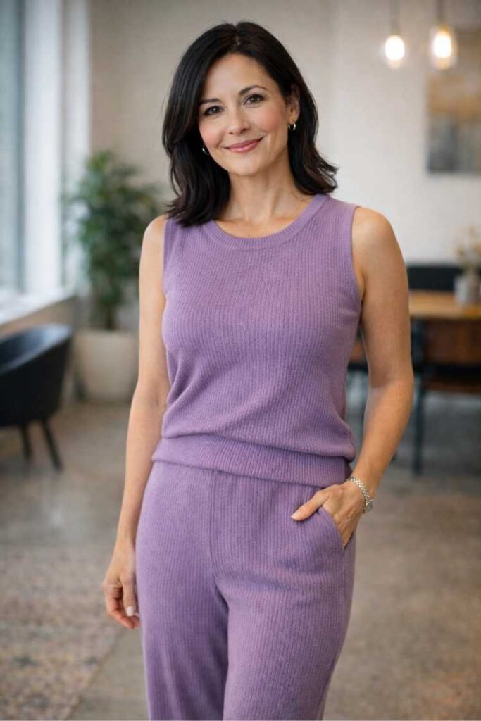 Woman over 40 wearing a purple knit set, comfortable and modern smart casual job interview outfit