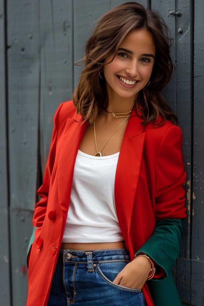 Confident woman wearing a red blazer, white top, and jeans, a modern smart casual job interview outfit for women over 40