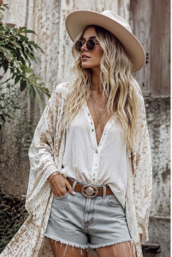 Woman in lace boho blouse, vintage flare jeans, cowboy boots and hat sitting outdoors