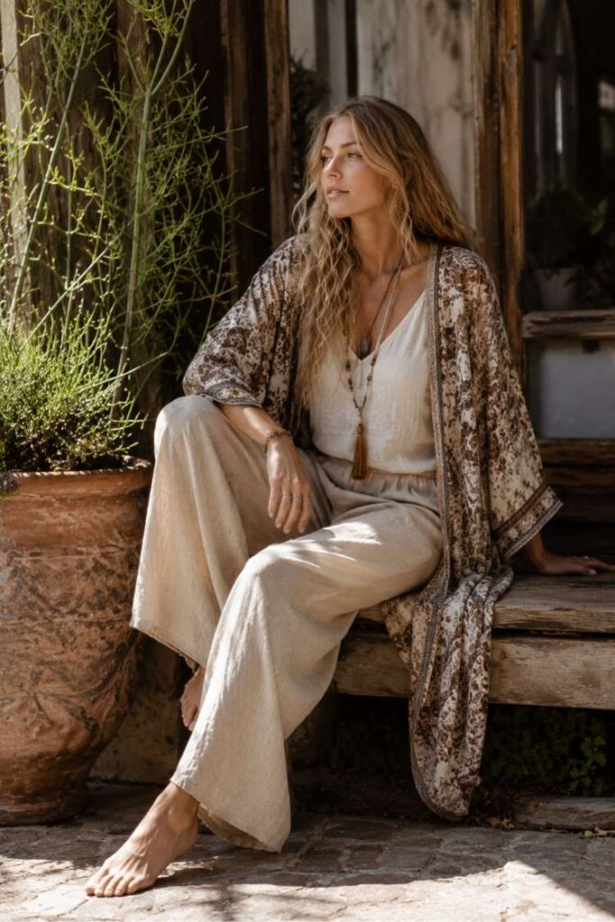 Woman in beige boho outfit with kimono and layered jewelry sitting in rustic countryside setting
