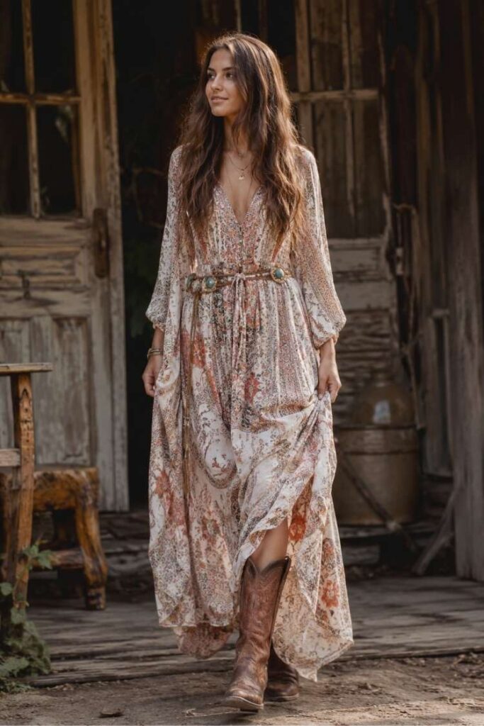 Woman wearing long floral boho maxi dress with brown cowboy boots in rustic western style