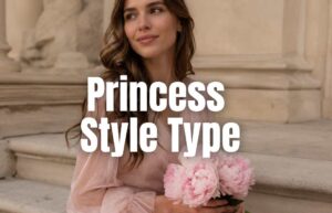 Elegant woman in a soft pink romantic dress holding peonies, representing the feminine Princess style type.