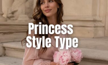 Elegant woman in a soft pink romantic dress holding peonies, representing the feminine Princess style type.