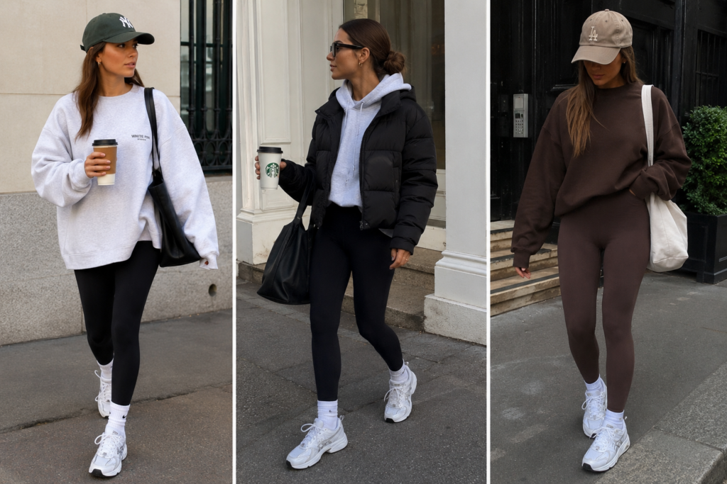 Three casual girl-next-door style outfits featuring oversized sweatshirts, leggings, baseball caps and white sneakers.