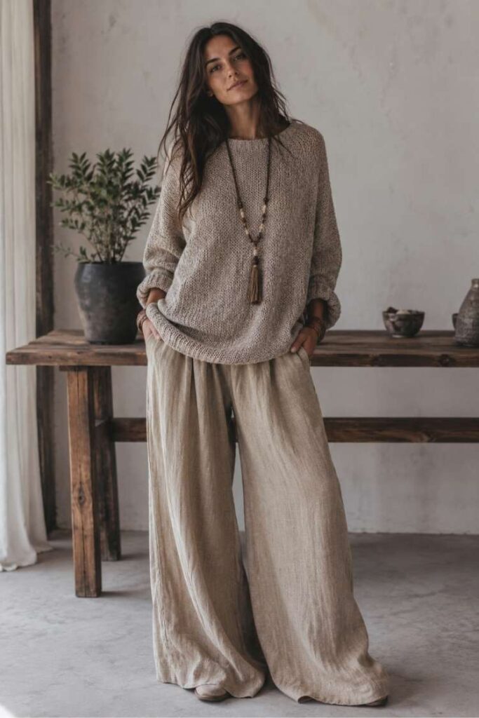 Woman in oversized knit sweater and wide leg natural fabric pants in relaxed boho style