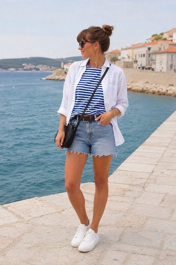 Woman in denim shorts, striped top and white shirt creating a relaxed girl-next-door summer outfit by the seaside.