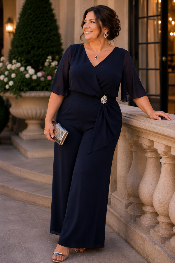 Elegant navy wedding guest jumpsuit with statement jewelry that draws attention to the face.