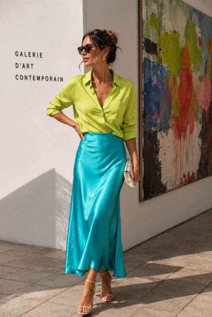 Stylish woman wearing a lime green button-up shirt and a turquoise satin midi skirt while walking near a contemporary art gallery. A colorful Rebel Woman outfit featuring bold color contrast, feminine elegance, and creative personal style.
