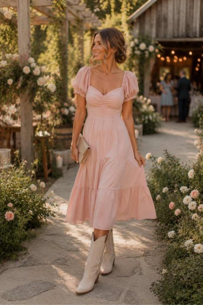 midi dress with boots for wedding Long Sleeve Country Wedding Guest Dresses With Boots Winter Country Chic Wedding Dresses Romantic Champagne Long Sleeve