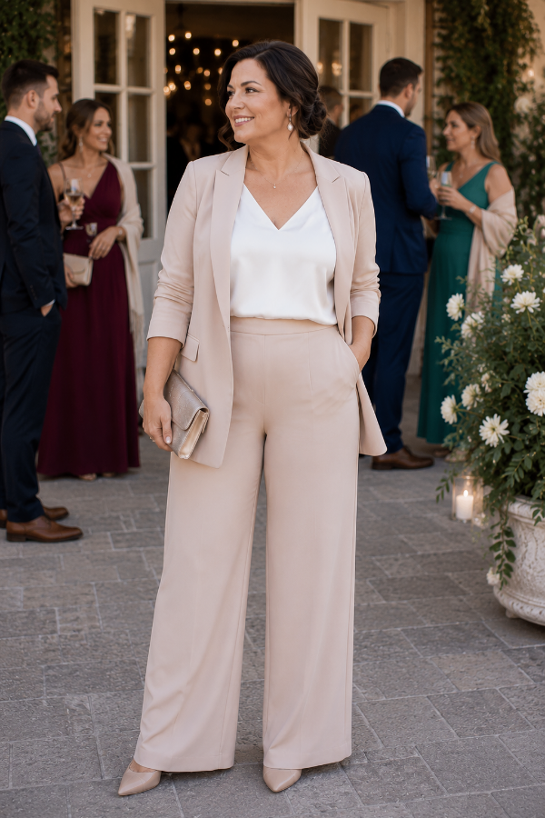 Elegant beige wedding guest outfit with an open blazer and wide-leg trousers for a flattering silhouette.
