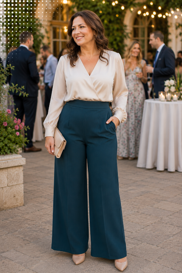 Wedding guest outfit with high-waisted teal trousers and a cream blouse for women who want to hide a tummy.