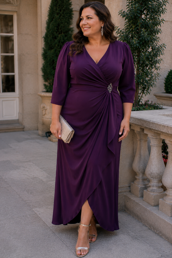 Plum wedding guest dress with three-quarter sleeves that flatters curvy women.