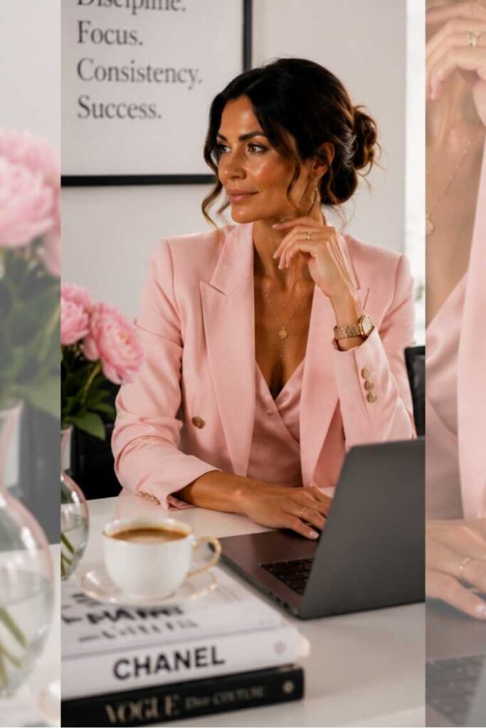 Woman wearing a blush pink blazer suit while working on a laptop – elegant office outfit for the Star fashion type.