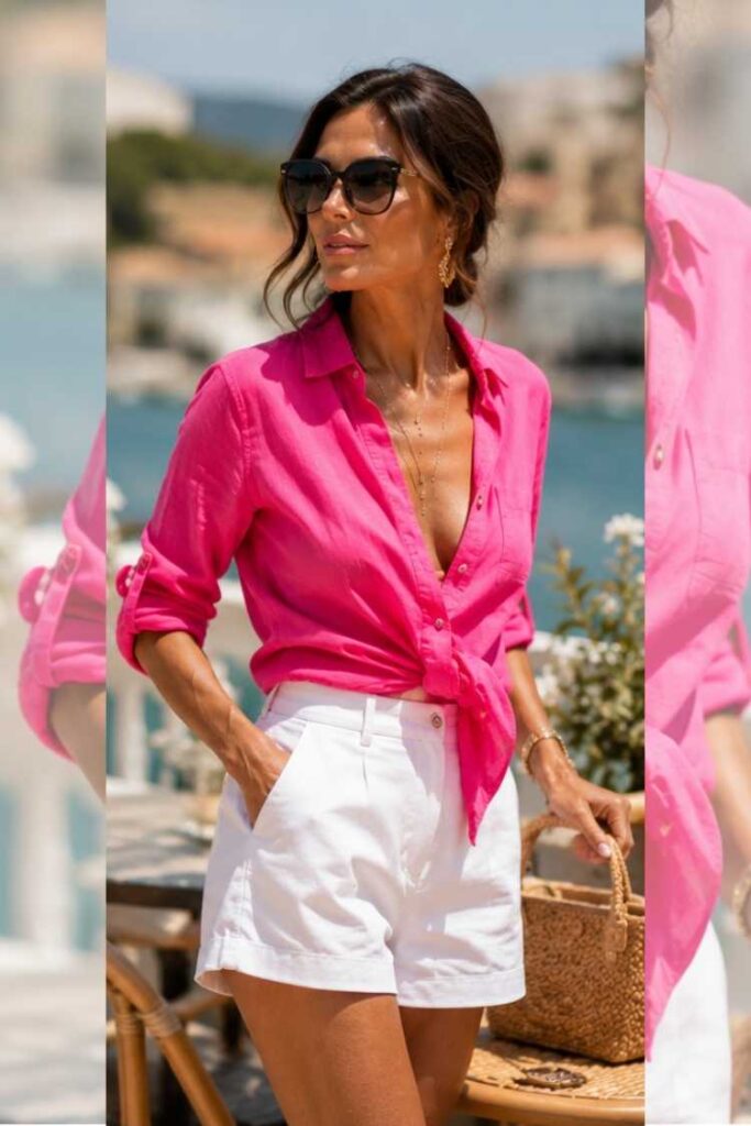 Woman wearing a pink shirt with white shorts – stylish Star fashion type summer outfit inspiration.