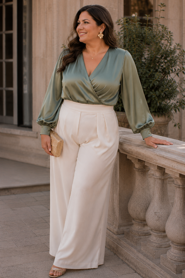 Sage green blouse with cream wide-leg trousers for an elegant wedding guest outfit.