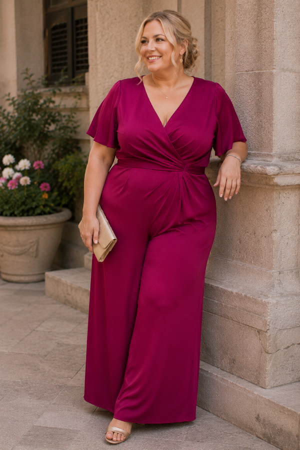 Raspberry V-neck wedding guest jumpsuit designed to flatter women with a tummy.