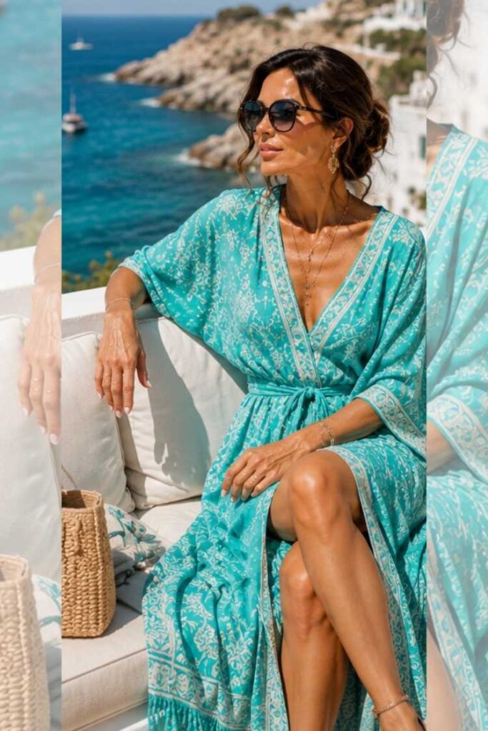 Elegant woman wearing a turquoise boho maxi dress with oversized sunglasses while relaxing at a luxury seaside resort, perfect inspiration for the Star fashion type.