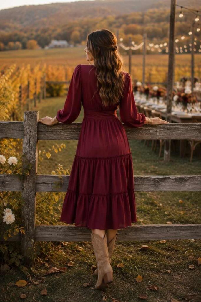 midi dress with boots for wedding Long Sleeve Country Wedding Guest Dresses With Boots Winter Country Chic Wedding Dresses Romantic Champagne Long Sleeve