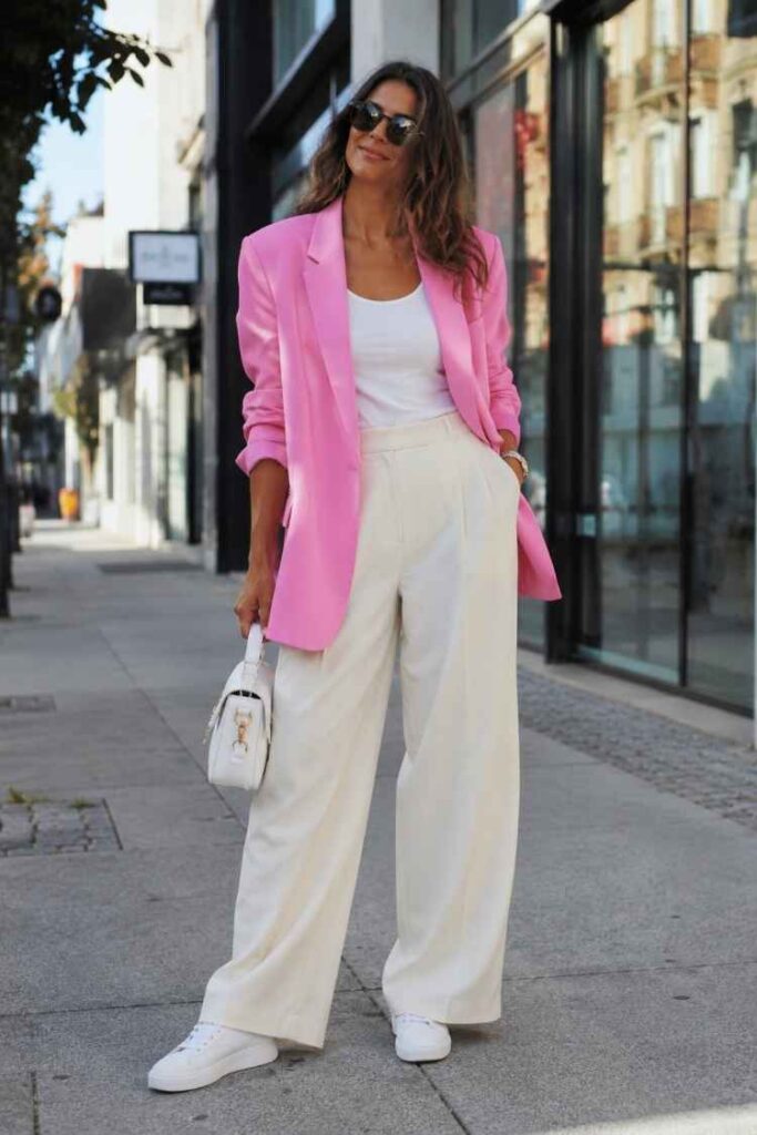 Fashionable woman wearing a bright pink oversized blazer, white tank top, cream wide-leg trousers, white sneakers, and sunglasses, creating a chic feminine outfit with a modern colorful twist.