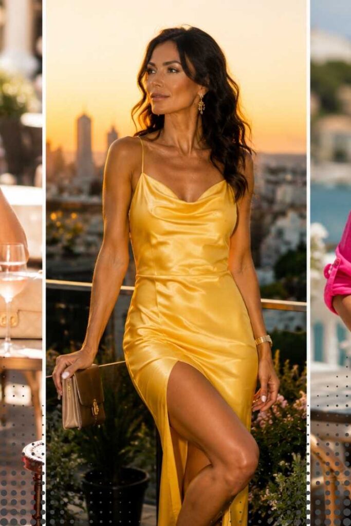 Woman wearing a gold satin maxi dress at sunset – elegant Star fashion type outfit inspiration.