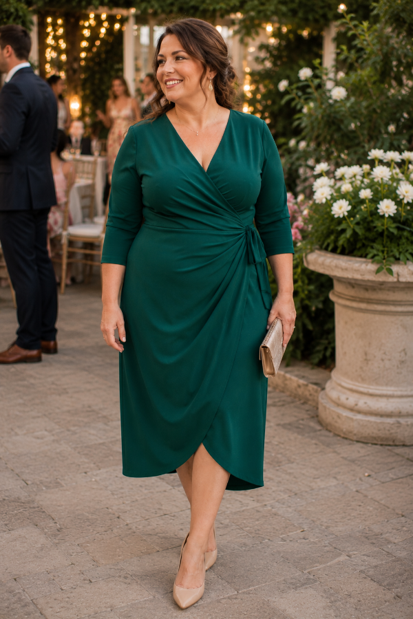 Woman wearing an emerald green wrap wedding guest dress that helps hide a tummy.