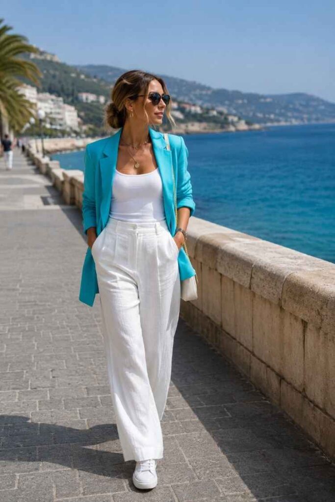 Elegant woman walking along a seaside promenade wearing a turquoise blazer, white tank top, white wide-leg trousers, and white sneakers. Colorful Rebel Woman outfit combining confidence, creativity, and effortless summer style.