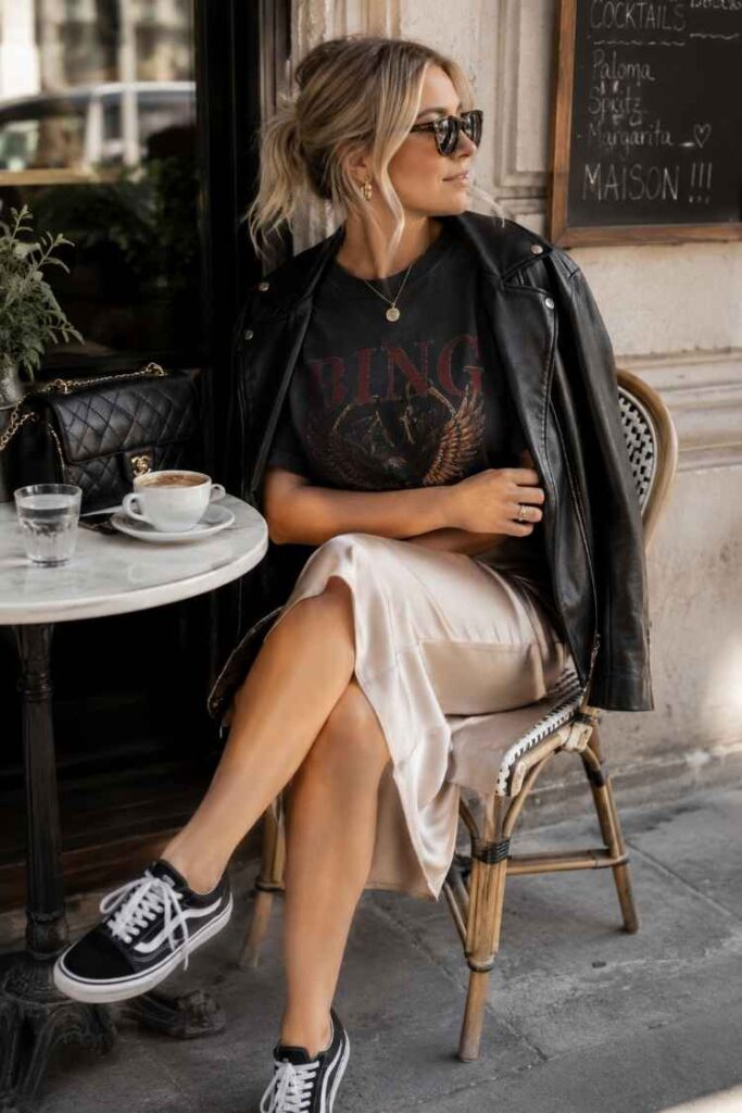 Stylish woman sitting at a café wearing a black graphic tee, beige satin midi skirt, black leather jacket, and black sneakers, combining feminine and edgy fashion elements.