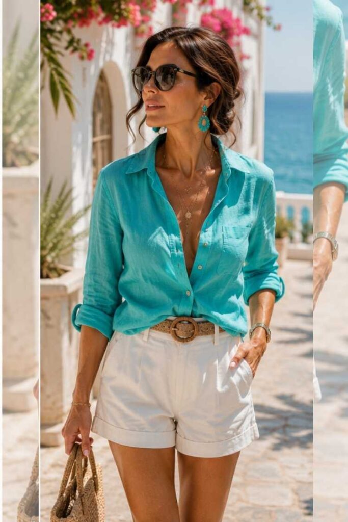 Woman wearing a turquoise linen shirt with white shorts and statement earrings – Star fashion type summer outfit inspiration.