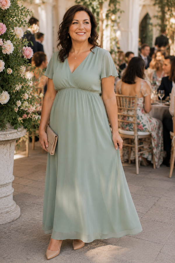 Woman in a sage green empire waist wedding guest dress that flatters a fuller tummy.