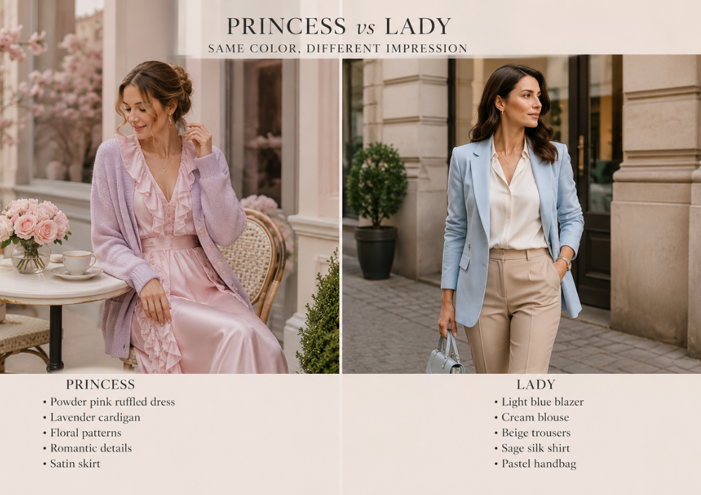 Princess vs Lady style comparison showing how similar soft colors create different impressions through romantic ruffles, satin fabrics, and feminine details versus structured tailoring and timeless elegance.