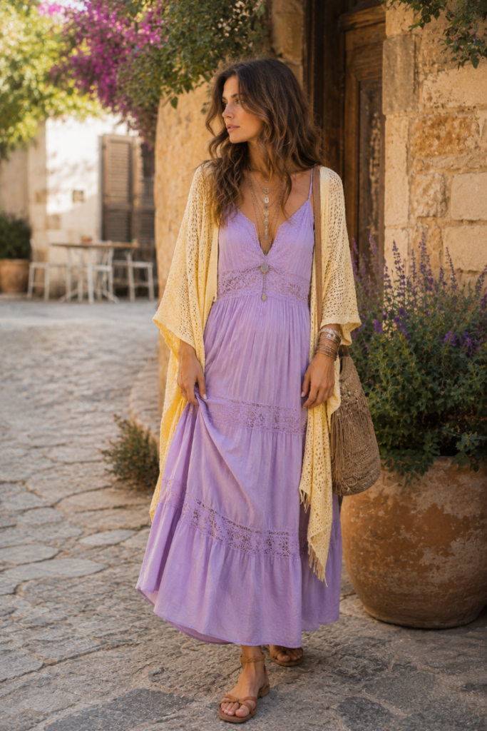 Boho Woman fashion archetype wearing a lavender lace maxi dress with a butter yellow crochet cardigan, woven bag, and sandals for a relaxed summer boho look.