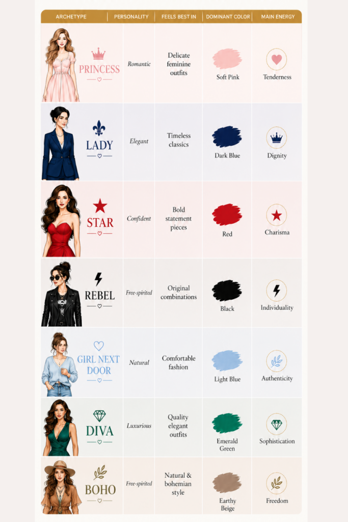Overview of the 7 female fashion archetypes showing personality, signature colors, fashion style and defining characteristics.