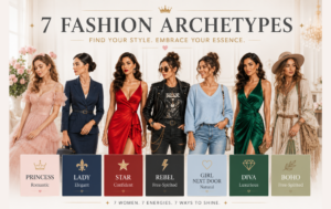 Overview of the 7 female fashion archetypes: Princess, Lady, Star, Rebel, Girl Next Door, Diva, and Boho woman.