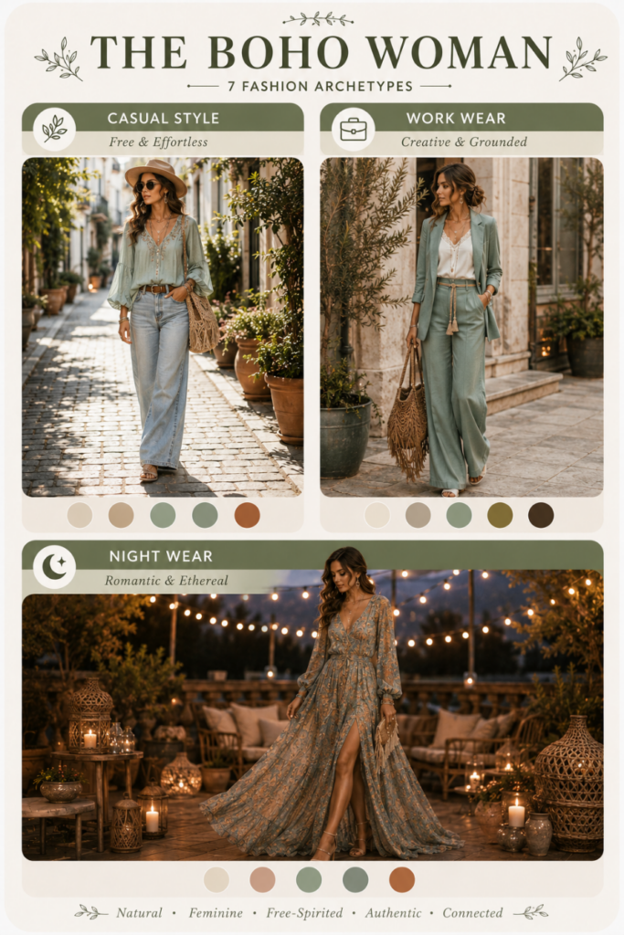 Boho fashion archetype outfit ideas featuring relaxed casual style, creative workwear and romantic bohemian evening dresses.