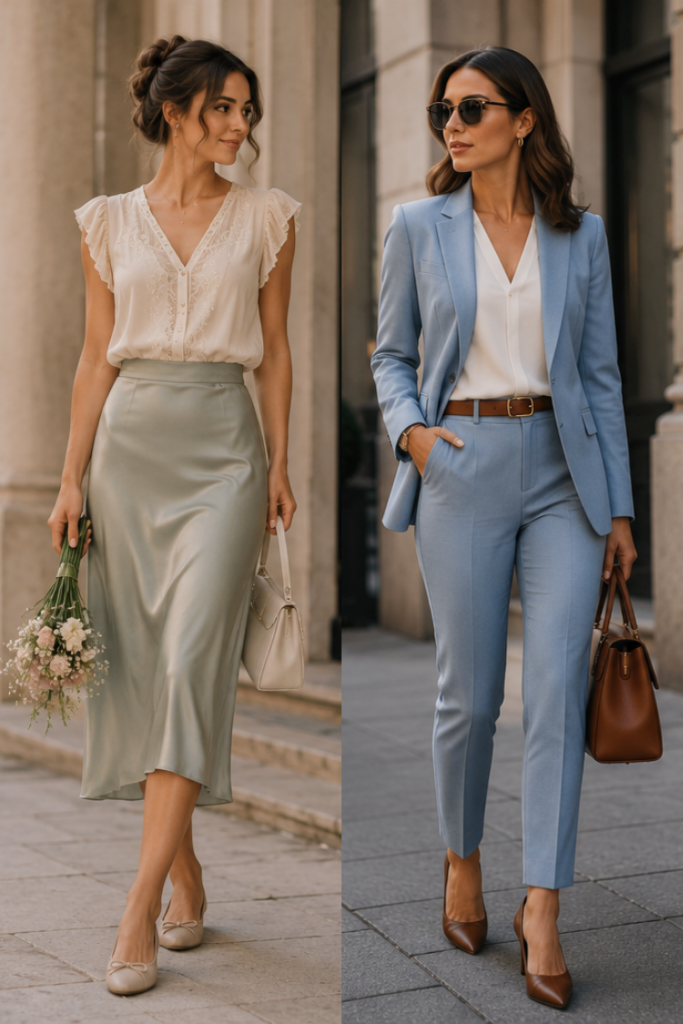 Side-by-side comparison of Princess and Lady style archetypes featuring a soft feminine satin skirt outfit and a sophisticated light blue tailored pantsuit.