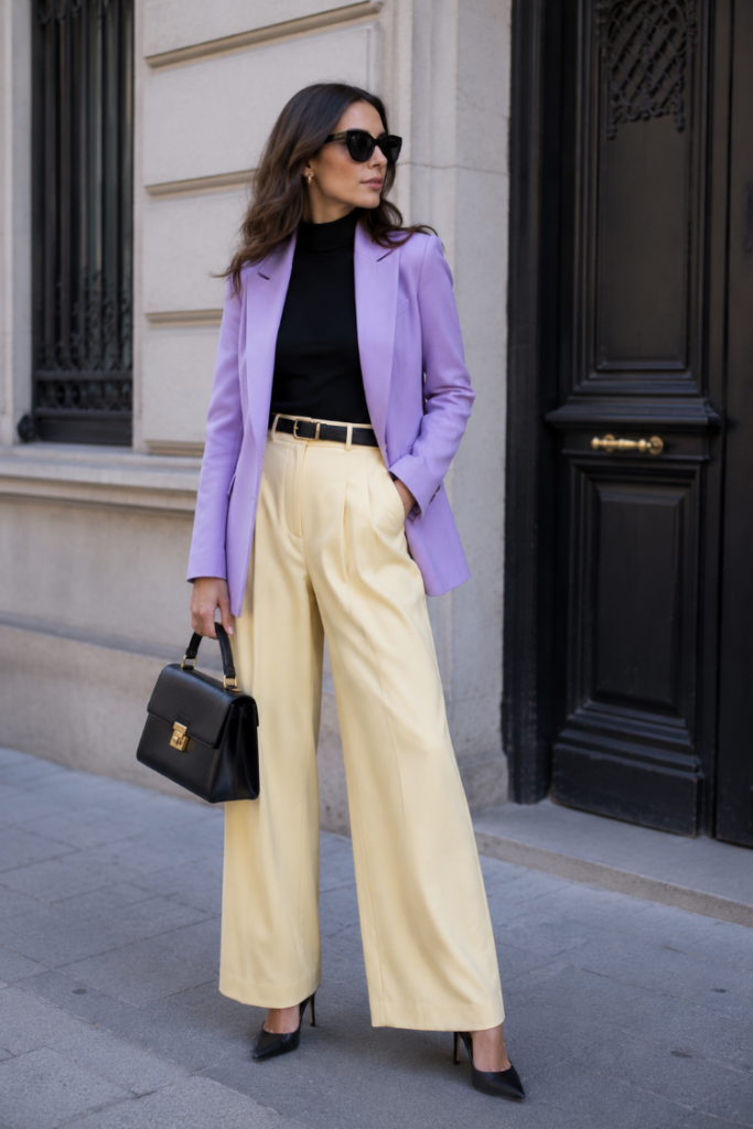 Winter color type wearing a lavender blazer with butter yellow wide-leg trousers, a black turtleneck, and black accessories for a bold, sophisticated outfit.