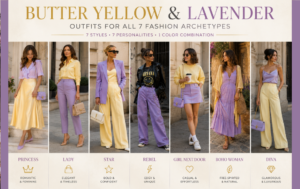 Butter yellow and lavender outfit ideas for all 7 women's fashion archetypes: Princess, Lady, Star, Rebel, Girl Next Door, Boho Woman, and Diva.