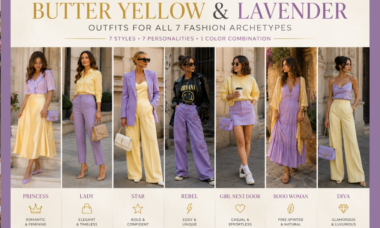 Butter yellow and lavender outfit ideas for all 7 women's fashion archetypes: Princess, Lady, Star, Rebel, Girl Next Door, Boho Woman, and Diva.