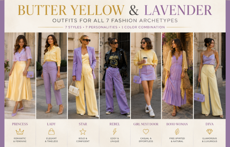 Butter yellow and lavender outfit ideas for all 7 women's fashion archetypes: Princess, Lady, Star, Rebel, Girl Next Door, Boho Woman, and Diva.