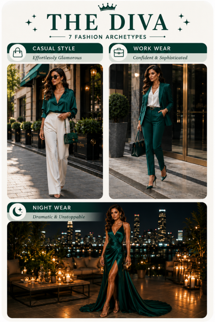 Diva fashion archetype outfit inspiration with luxurious casual style, sophisticated workwear and dramatic evening gowns.