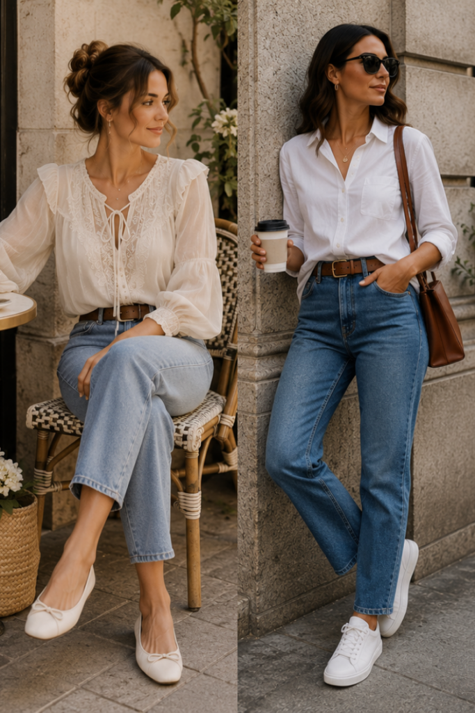 Side-by-side comparison of Princess and Lady casual style archetypes featuring a romantic lace blouse with jeans and elegant ballet flats next to a classic white shirt, straight-leg jeans, and white sneakers.