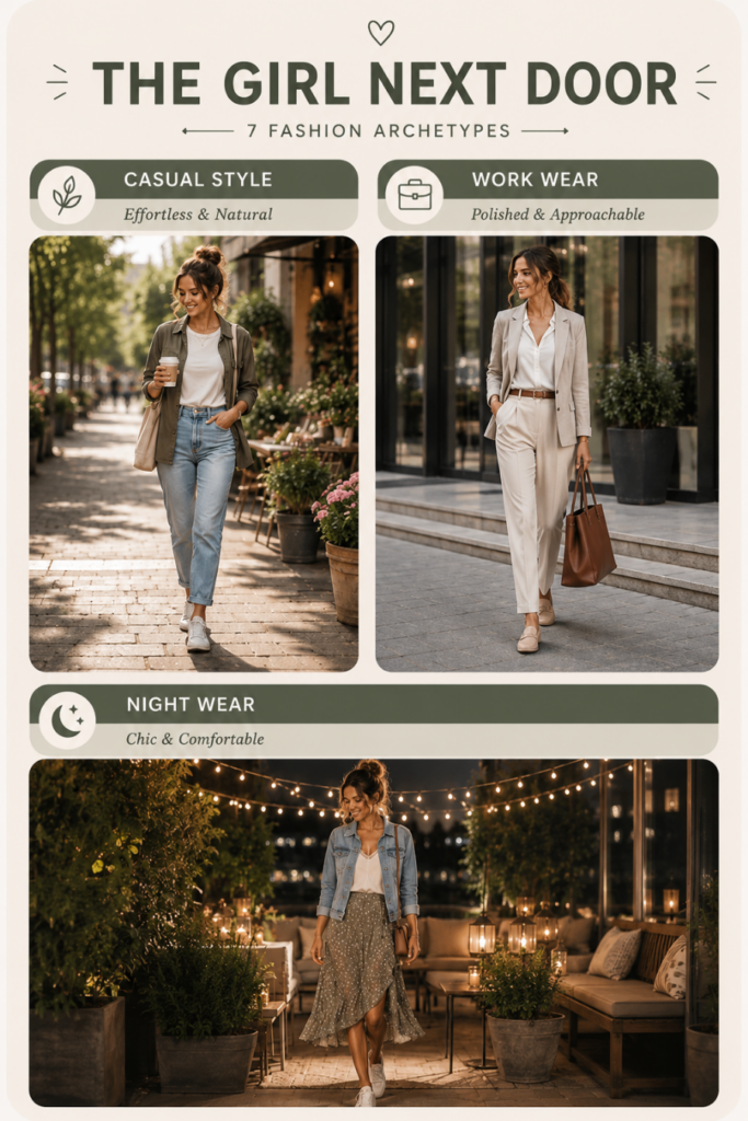 Girl Next Door fashion archetype outfits for effortless casual style, polished workwear and comfortable evening looks.
