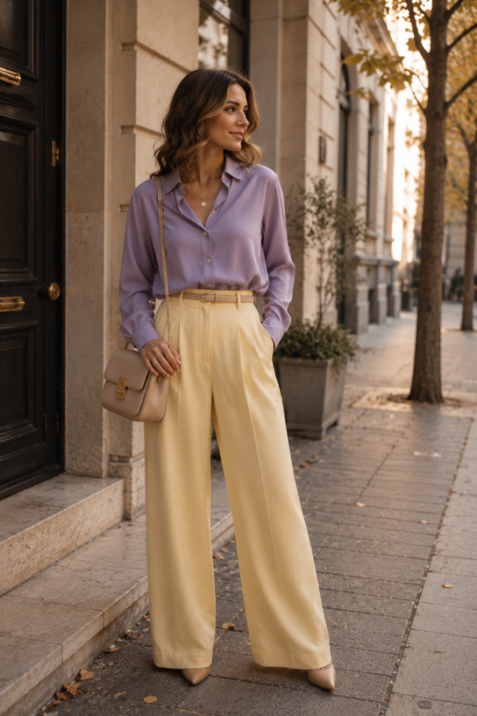 Autumn color type wearing a lavender blouse with butter yellow wide-leg trousers, nude accessories, and a beige handbag for a soft, elegant outfit.