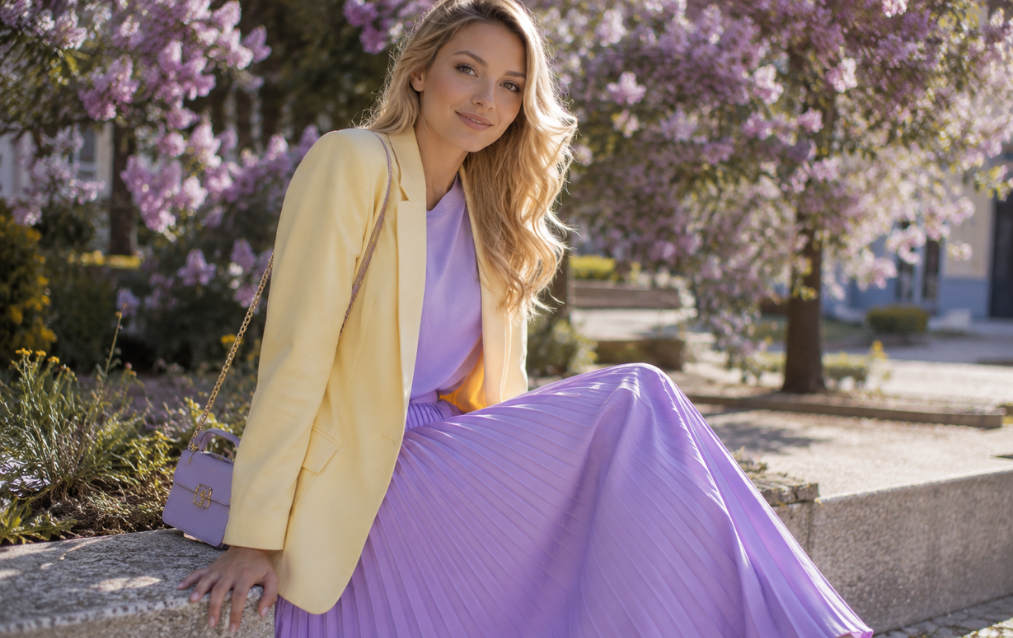 Woman wearing a butter yellow blazer over a lavender pleated dress with a matching handbag, creating an elegant spring outfit in butter yellow and lavender.