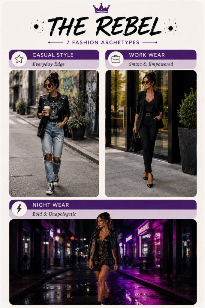 Rebel fashion archetype outfit ideas including edgy casual style, modern workwear and bold night outfits.