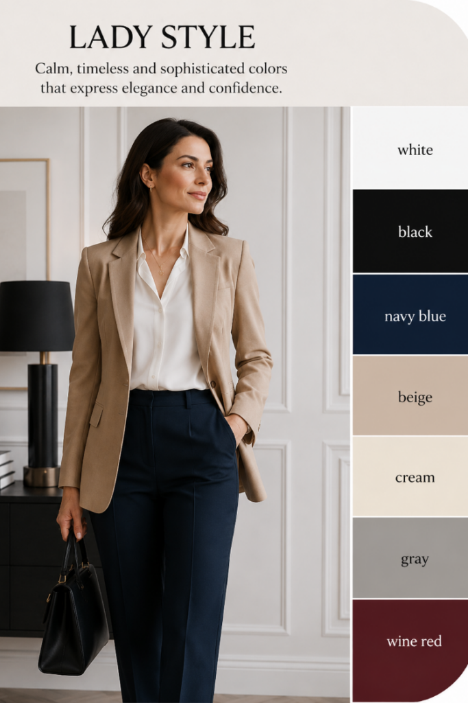 Lady style color palette featuring white, black, navy blue, beige, cream, gray, and wine red with an elegant tailored outfit in timeless neutral colors.