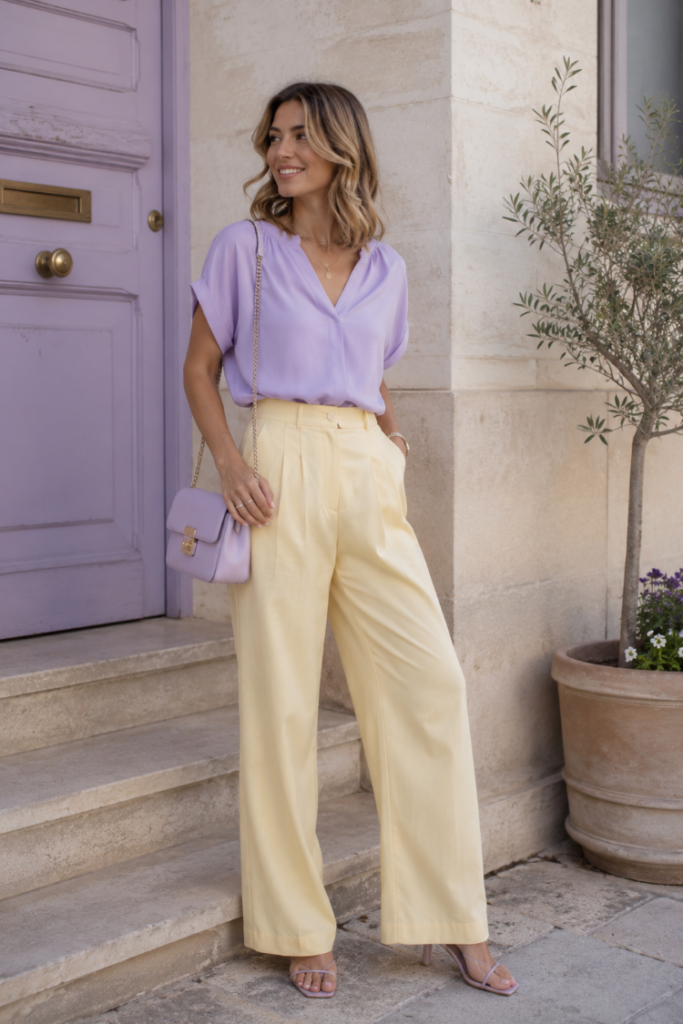 Summer color type wearing a lavender blouse with butter yellow wide-leg trousers and a matching handbag for a soft, elegant pastel outfit.
