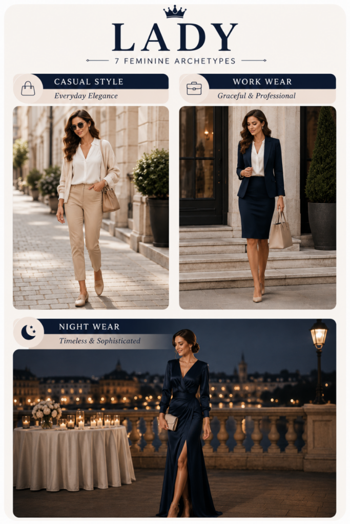 Lady fashion archetype outfit ideas featuring elegant casual outfits, professional workwear and timeless evening style.
