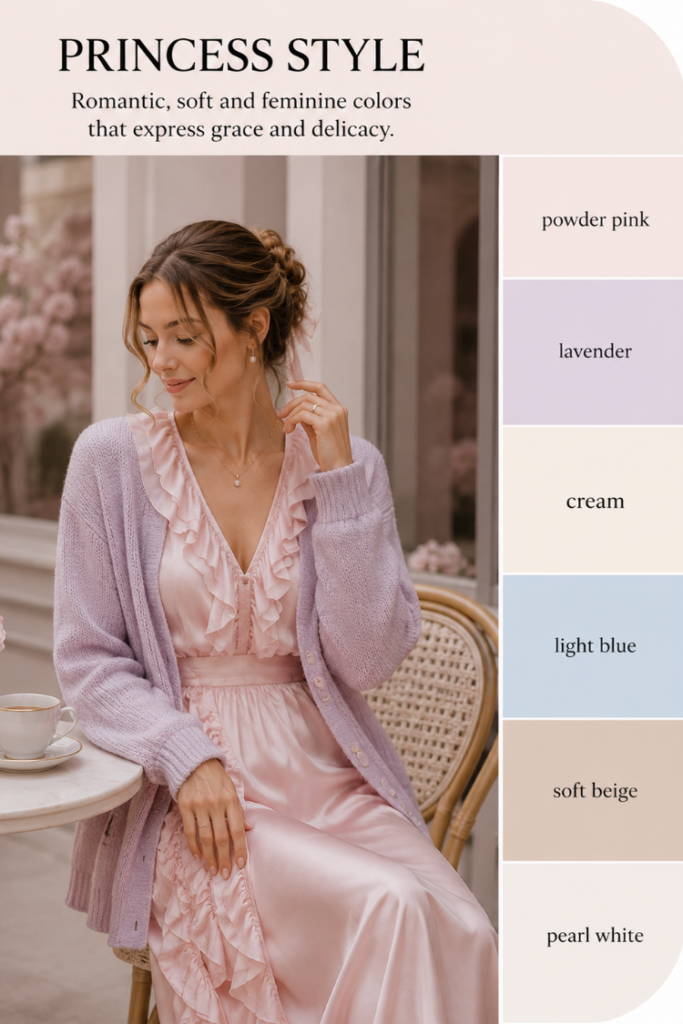 Princess style color palette featuring powder pink, lavender, cream, light blue, soft beige, and pearl white with a romantic feminine outfit in soft pastel tones.